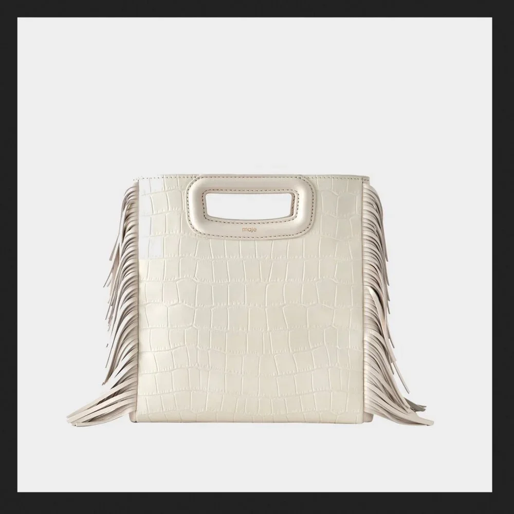 🍦 NWT $360 Maje Ecru Vanilla Leather Croco Fringe Handbag Clutch